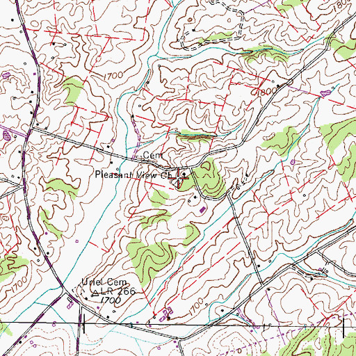 Topographic Map of Pleasant View Cemetery, TN