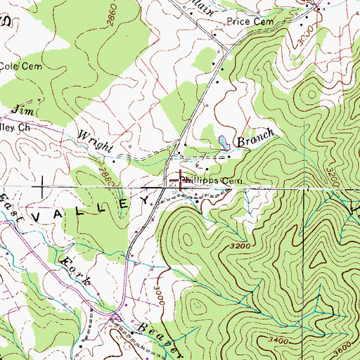 Topographic Map of Phillipps Cemetery, TN
