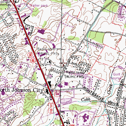 Topographic Map of WJHL-FM, TN
