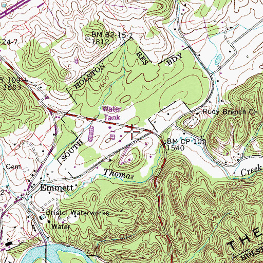 Topographic Map of Bristol Waterworks, TN