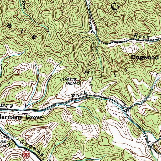 Topographic Map of Justis Cemetery, TN