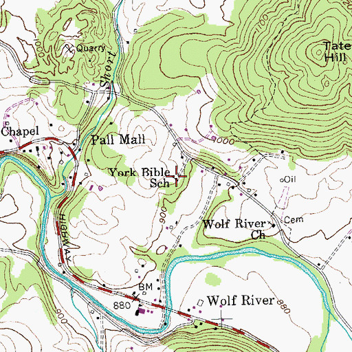 Topographic Map of York Bible School, TN