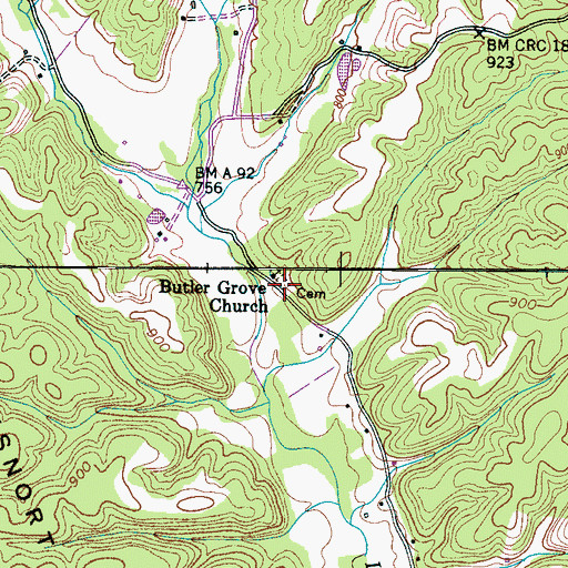 Topographic Map of Butler Grove Cemetery, TN