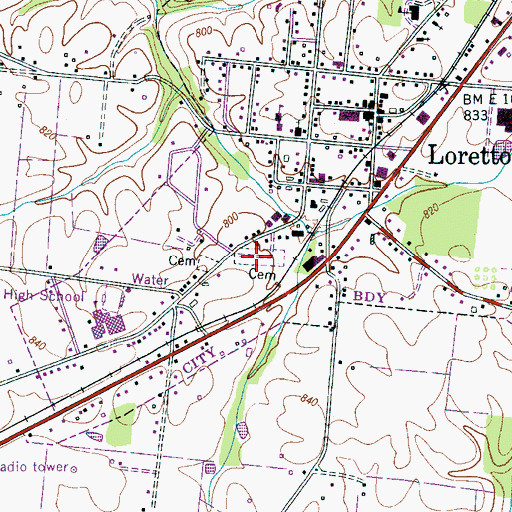 Topographic Map of Loretto Cemetery, TN