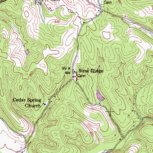 Topographic Map of Sims Ridge Cemetery, TN
