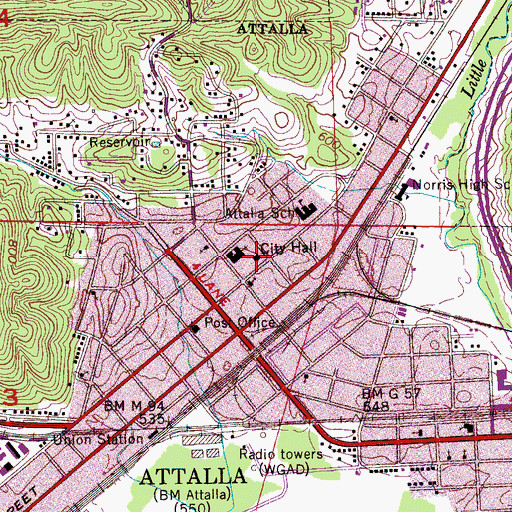 Topographic Map of Attalla City Hall, AL