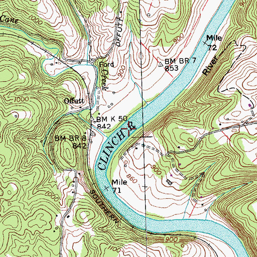 Topographic Map of Offutts Shoals, TN