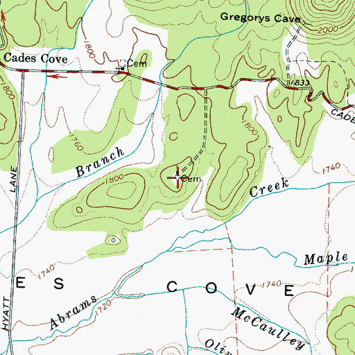 Topographic Map of Cades Cove Primitive Baptist Church Cemetery, TN