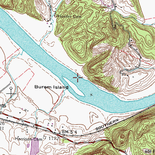 Topographic Map of Burhams Shoals, TN