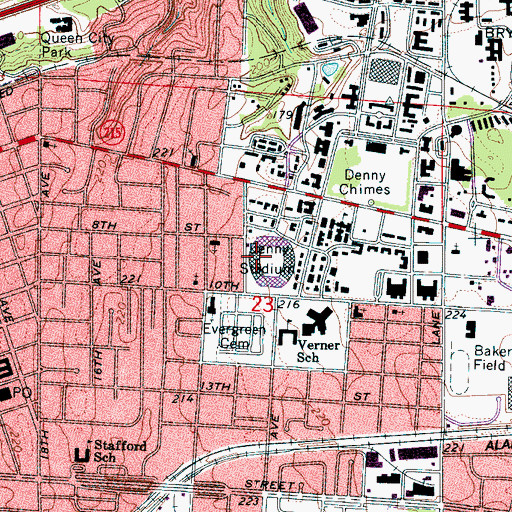 Topographic Map of Bryant-Denny Stadium, AL