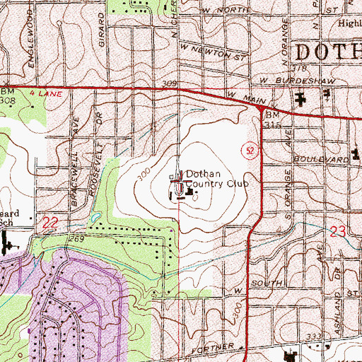 Topographic Map of Dothan Country Club, AL