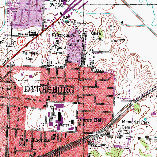 Topographic Map of Dyersburg Second Baptist Church, TN