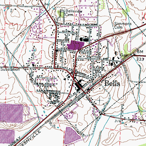 Topographic Map of Bells First Baptist Church, TN
