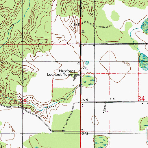 Topographic Map of Huxford Lookout Tower, AL