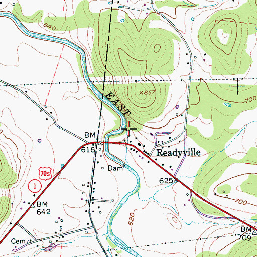 Topographic Map of Readyville Mill, TN