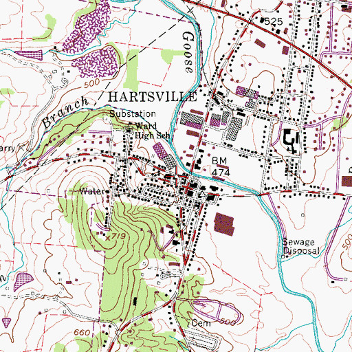 Topographic Map of Hartsville Baptist Church, TN