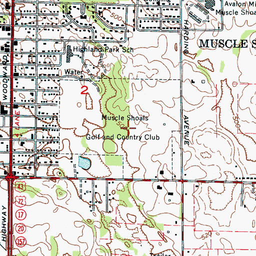Topographic Map of Muscle Shoals Golf and Country Club, AL