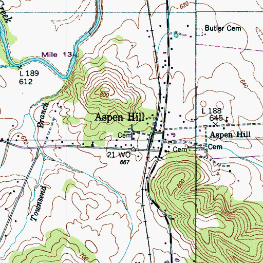 Topographic Map of Aspen Hill Cemetery, TN