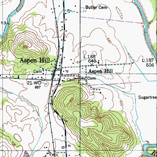 Topographic Map of Aspen Hill Cemetery, TN