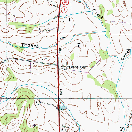 Topographic Map of Evans Cemetery, TN