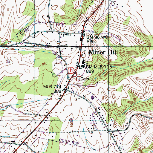 Topographic Map of Minor Hill Cemetery, TN