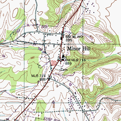 Topographic Map of Minor Hill First Baptist Church, TN