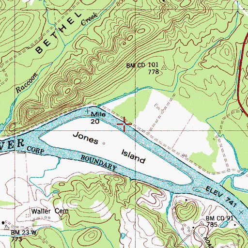 Topographic Map of Blue Spring Island Shoals, TN