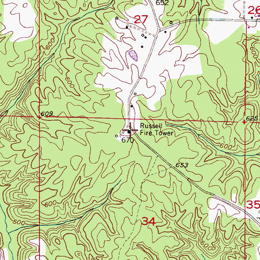 Topographic Map of Russell Fire Tower, AL