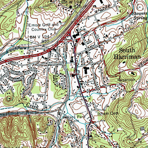 Topographic Map of South Harriman Baptist Church, TN