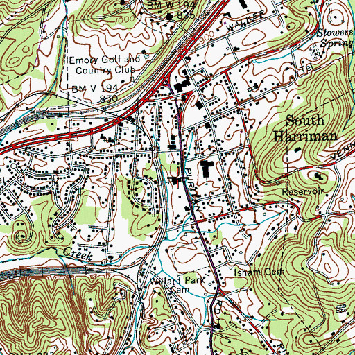 Topographic Map of South Harriman Baptist Church, TN