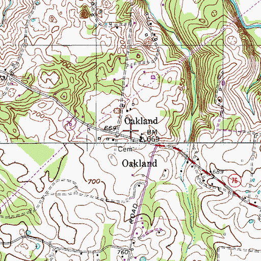 Topographic Map of Oakland Baptist Church, TN