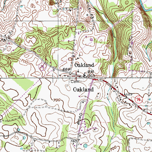 Topographic Map of Oakland Cemetery, TN