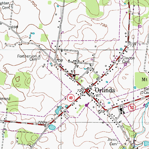 Topographic Map of Orlinda Baptist Church, TN
