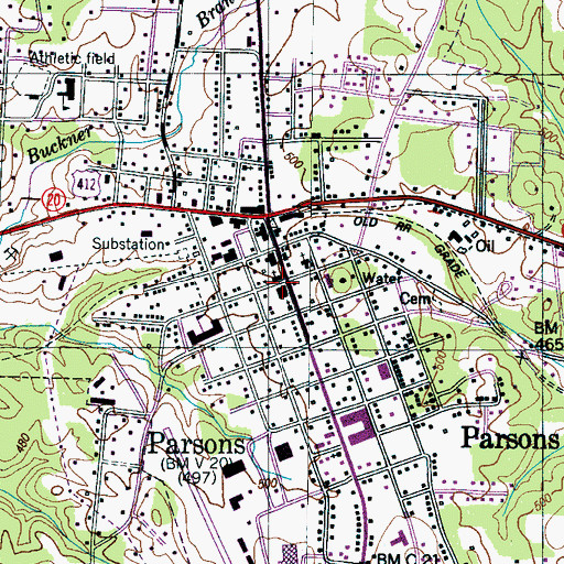 Topographic Map of Parsons First Baptist Church, TN