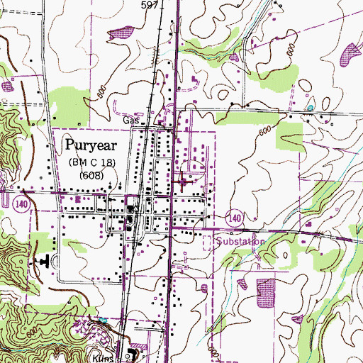 Topographic Map of Puryear First Baptist Church, TN