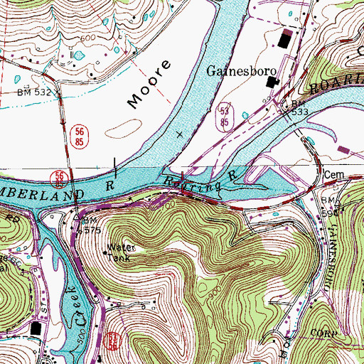 Topographic Map of Roaring River Bridge, TN