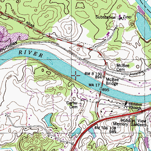 Topographic Map of McBees Shoals, TN
