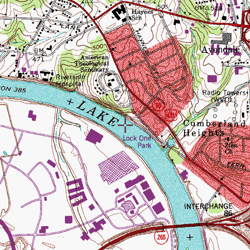 Topographic Map of Old Lock and Dam Number One (historical), TN
