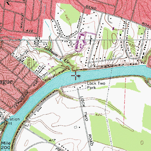 Topographic Map of Old Lock and Dam Number Two (historical), TN