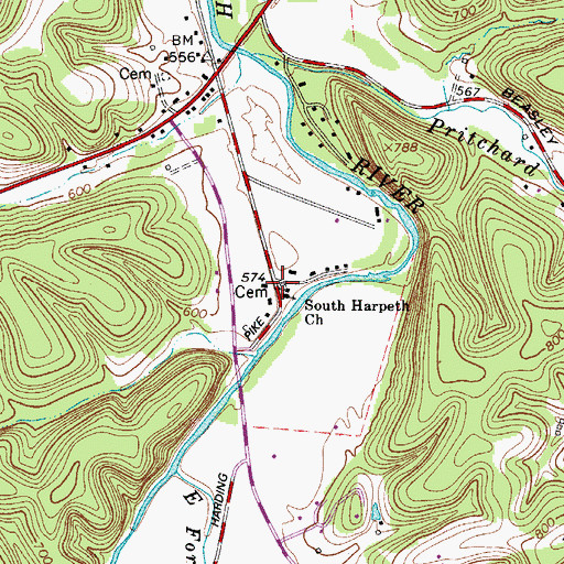 Topographic Map of South Harpeth Cemetery, TN