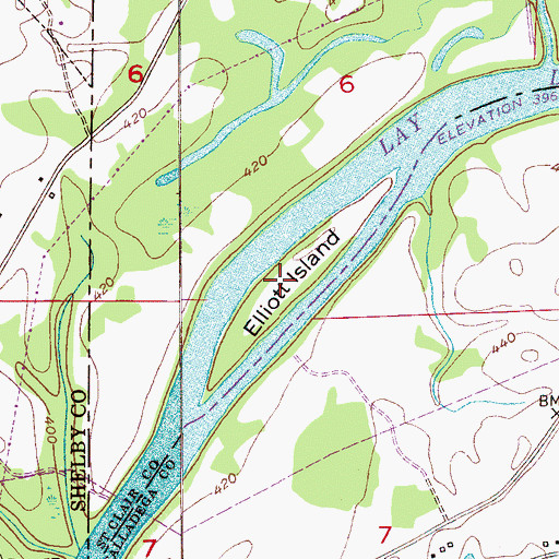 Topographic Map of Elliott Island, AL
