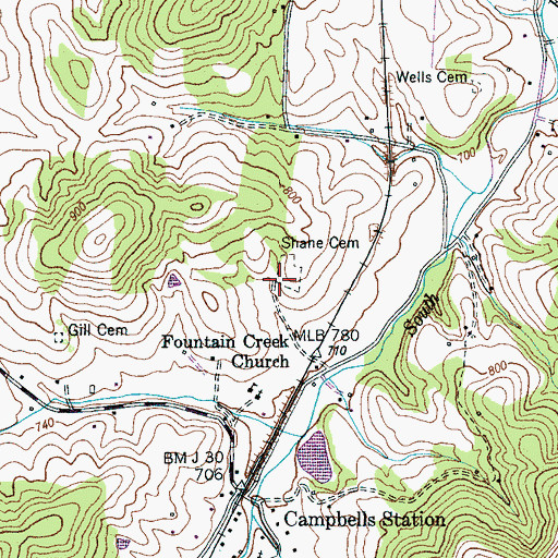 Topographic Map of Shanes Church (historical), TN