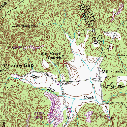 Topographic Map of Mill Creek Cemetery, TN