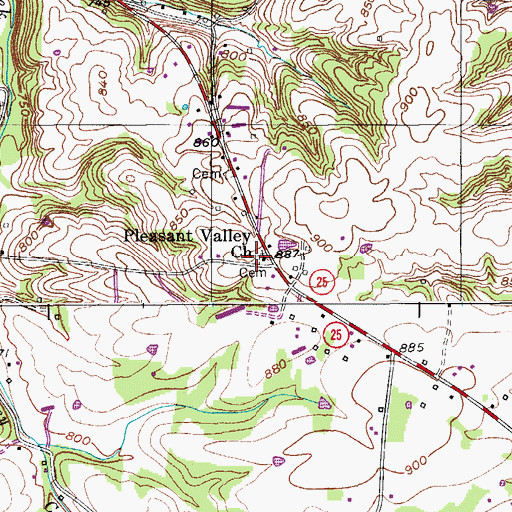 Topographic Map of Pleasant Valley Cemetery, TN