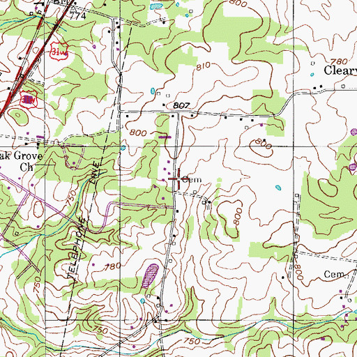 Topographic Map of Oak Grove Cemetery, TN