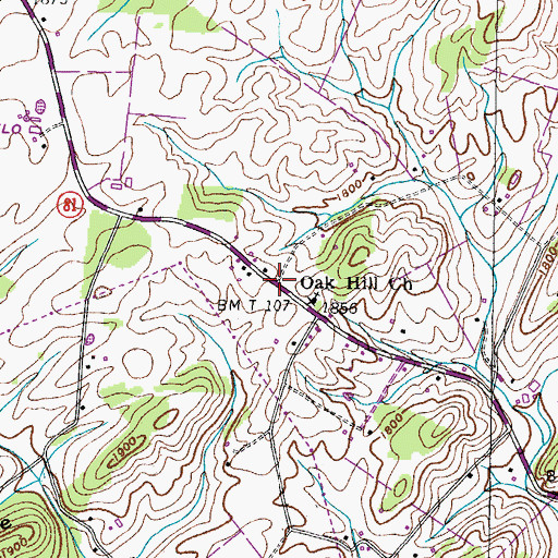Topographic Map of Oak Hill, TN