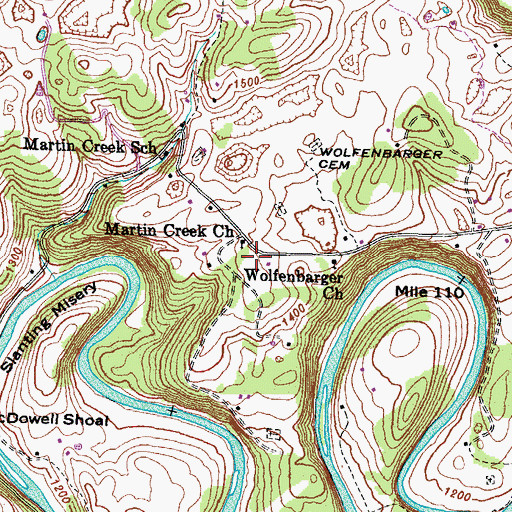 Topographic Map of Martin Creek, TN