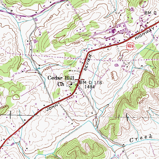 Topographic Map of Cedar Hill, TN