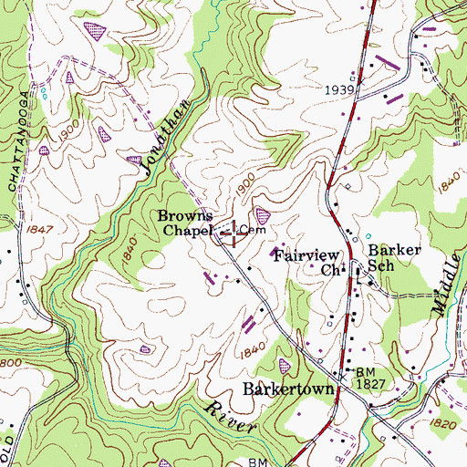 Topographic Map of Browns Cemetery, TN