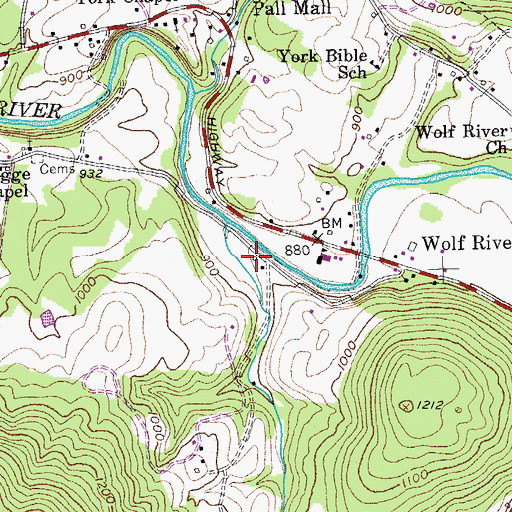 Topographic Map of Sergeant Alvin York Mill State Historic Area, TN
